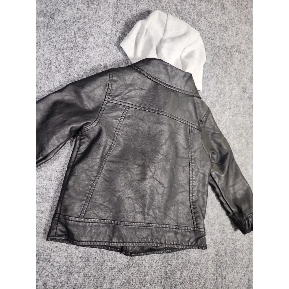 Genuine Kids OshKosh Toddler Faux Leather Moto Jacket Black Grey Hooded Coat 2T